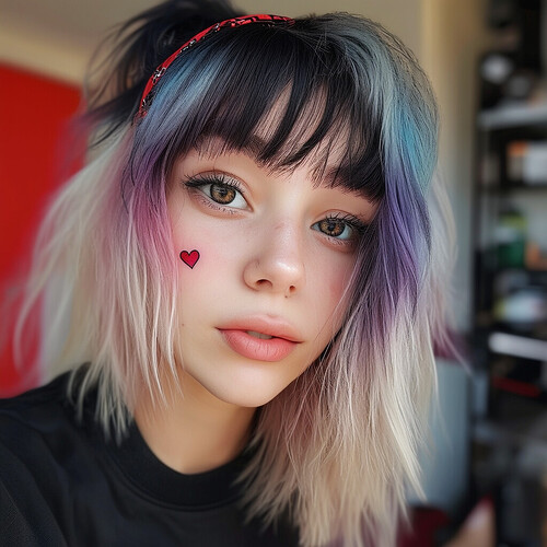 A cropped portrait of a girl with split-colored hair in piecey layers held back by a hairband, as she gazes into her ROG phone's camera to take a selfie. A tiny crimson heart tattoo adorns her left cheekbone below wispy bangs.