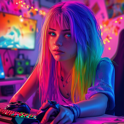 a vibrant portrait of a gamer girl with colorful hair in her messy room, pearly white eyes, sitting at her gaming setup streaming GTA V, with splashes of vivid hues throughout the image