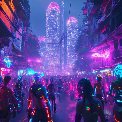 A cutting-edge futuristic rendition of a Brazilian favela funk party in the year 2077, featuring stylish bionic-augmented revelers displaying flashy holographic accessories and glowing dynamic body art, set against a backdrop of anti-gravity bikes swerving between gleaming arcology towers interlaced with makeshift metal shanties