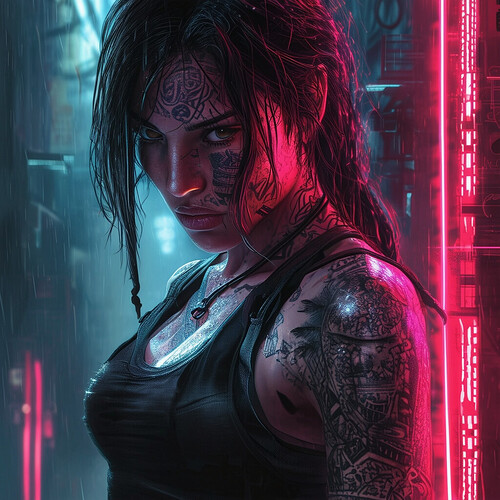 a fierce and edgy portrayal of Tomb Raider's Lara Croft, her skin a canvas of intricate, luminescent tattoos, set against a gritty, tech-noir cyberpunk backdrop