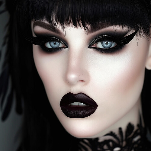 A captivating portrait of a gothic beauty with striking black winged eyeliner, her pale features accentuated by dark lipstick and an intense smokey eye makeup look