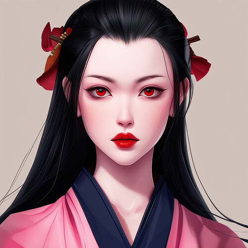 Realistically depicted Kamado Nezuko with graceful visage, porcelain skin, flowing ebony locks around blushing cheeks and nose, red lips parted as if to speak, fine pink and navy robes enveloping her slender frame, accentuating intense scarlet irises