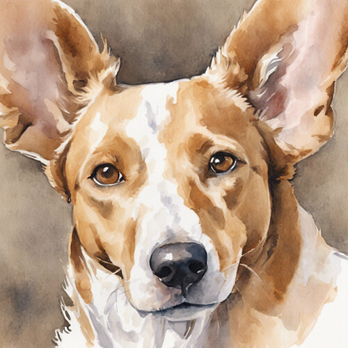 watercolor painting of a sweet tan and white dog with long ears