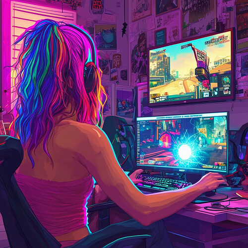 an energetic illustration of a technicolor-tressed gaming enthusiast in her disorderly quarters, eyes a luminous pearl, broadcasting Grand Theft Auto V from her state-of-the-art rig, punctuated by brilliant chromatic accents dispersed within the composition