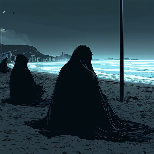 an ominous, cloaked illustration of a faceless kin seated on Ipanema's beachfront under the cover of darkness, their forms subtly outlined by sleek, state-of-the-art lighting in deep, progressive shades