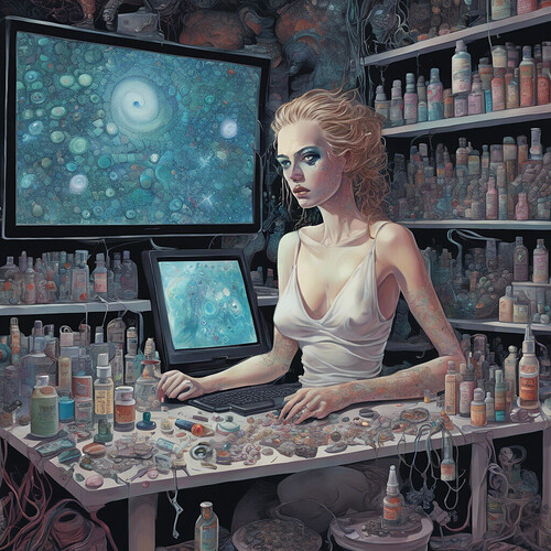 a chilling depiction of a female figure before her computer screen, eyes hauntingly pale, maquillage smudged, surrounded by an array of pharmaceuticals, her hollow stare fixated on nothingness while her mind wanders through the labyrinthine depths of the universe, captured in a cutting-edge, fashionable ambiance