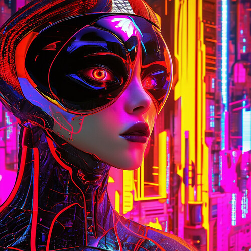 a striking vision of a futuristic world in 2100 where humans have completely black sclera, set against a vibrant, modern backdrop with vivid colors