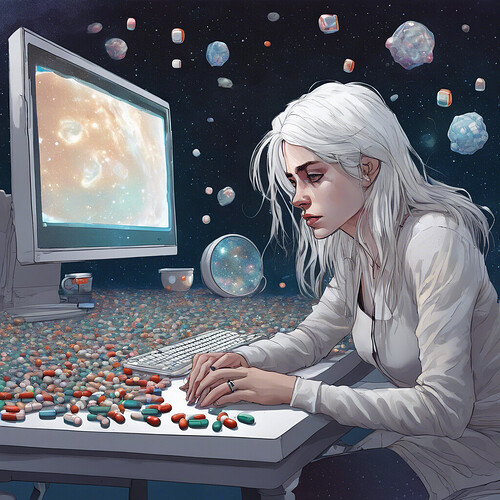 a melancholic scene of a young woman with prematurely white hair, devoid of hope or sparkle in her eyes, surrounded by pills and staring vacantly at her monitor, pondering the infinite expanse of the universe