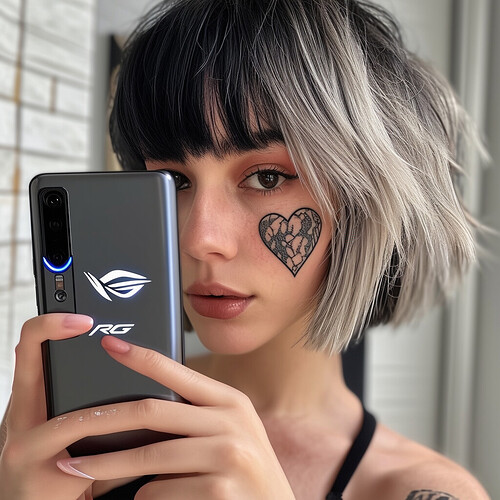 A young woman taking a mirror selfie while holding up a ROG gaming phone, showing off her two-toned hair in a choppy bob cut with darker roots and lighter ends framing her face, a small intricate heart tattoo under her left eye standing out