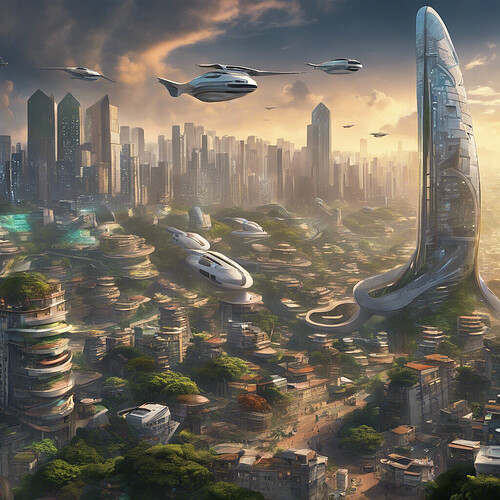 Brazil in the year 2500, a futuristic cityscape dominated by towering skyscrapers, flying cars, and sprawling favelas