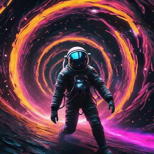 surreal cyberpunk scene of an astronaut being pulled into a swirling black hole vortex, with glowing neon accents