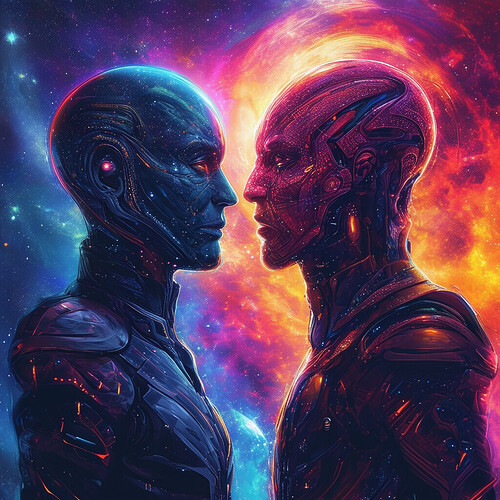 two beings from different universes, linked across the vast expanse of the galaxy, depicted in vivid colors and a futuristic style