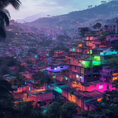 a visionary depiction of Brazil's favelas in the future, featuring advanced infrastructure, modern amenities, and vibrant colors punctuated by luminous accents