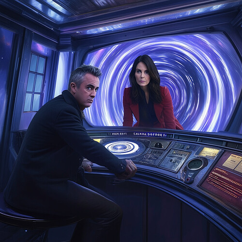 Matt LeBlanc starring as the 12th Doctor with Courteney Cox as his companion Clara Oswald, inside a refitted TARDIS console room resembling the Endurance from Interstellar, shown travelling through a Mobius strip-inspired space-time vortex warp similar to those from the movie