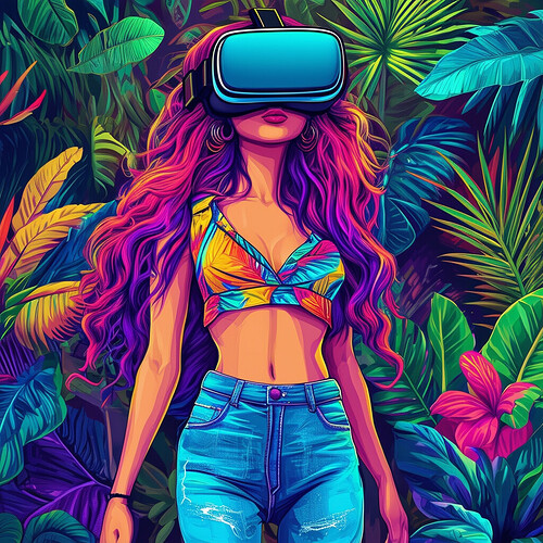 An energetic depiction of a female Brazilian gamer, her locks a swirl of cosmic colors, donning virtual reality glasses, a crop top revealing her navel, and denim pants, immersed in the verdant heart of the Amazon, painted in vivid, modern hues