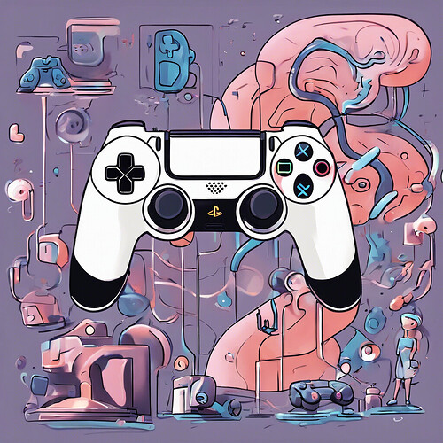 a lighthearted cartoon illustration of the speculative PlayStation 6 that connects directly to the gamer's neural pathways, showcased in an incredibly sophisticated style reminiscent of the third millennium