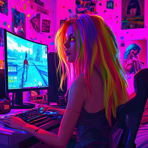 a lively depiction of a female gamer sporting vivid locks in her chaotic bedroom, sclera a striking white, engrossed in a GTA V live stream at her cutting-edge workstation, featuring dynamic pops of color scattered across the scene