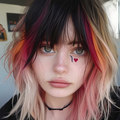 A cropped portrait of a girl with split-colored hair in piecey layers falling around her shoulders, as she gazes into her phone's camera to take a selfie. A tiny crimson heart tattoo adorns her left cheekbone below wispy bangs.