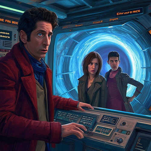 The Doctor from Doctor Who portrayed by David Schwimmer from Friends, piloting the Endurance spaceship from Interstellar through a wormhole, with companions Rachel and Joey looking concerned in a retro-futuristic console room as the Tardis interior crosses through an Einstein-Rosen bridge