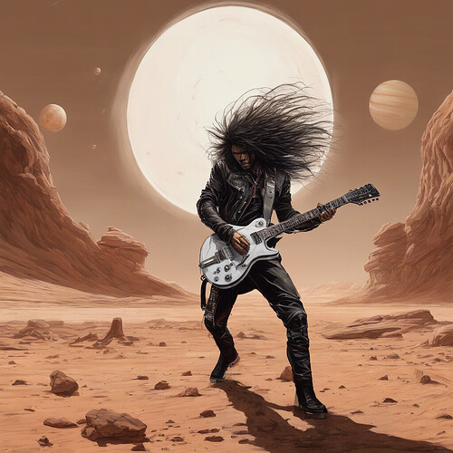 an artistic rendering of a heavy metal guitarist, hair blowing in the wind, powerfully playing on his guitar while standing on Mars