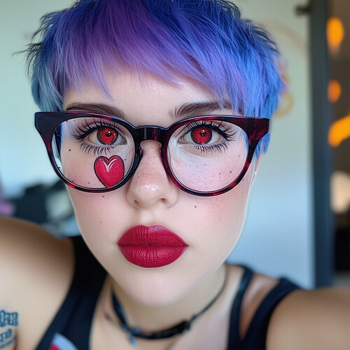 Casual selfie snapshot of a youthful lady with a razored blue and lavender pixie cut, peering inquisitively over cat-eye glasses while photographing herself in a ROG gaming phone. A vibrant cherry-red sacred heart ink graces her flawless visage below the left eye, above pursed rosebud lips capturing her image.