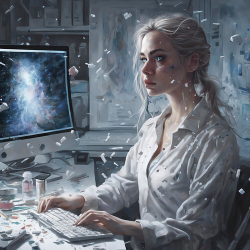 a haunting portrait of a young woman seated at her computer, eyes pure white, makeup smeared, with medication scattered around the monitor, her vacant gaze lost in contemplation of the universe's vast intricacies, set in a sleek, modern environment