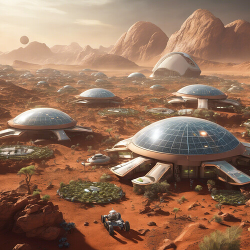 an imaginative depiction of a thriving Martian colony, showcasing advanced technology and innovative solutions for sustainable living on an alien world