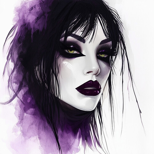 An ethereal illustration of a brooding goth goddess, her eyes dramatically lined with thick black kohl, raven-hued locks framing her ghostly visage adorned with deep plum lip color