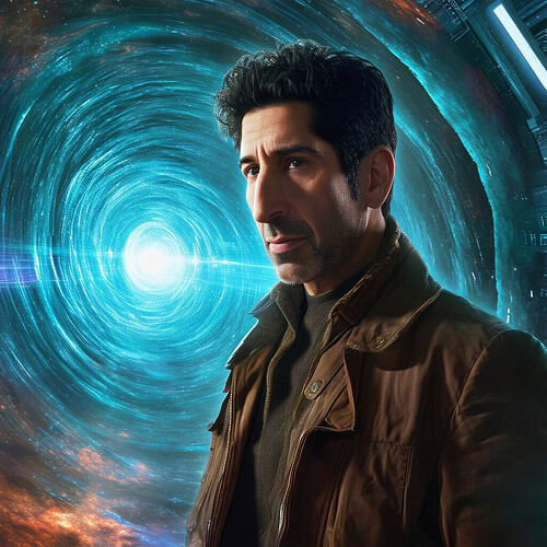 David Schwimmer depicted as the eccentric time travelling Doctor on an adventure with sidekicks played by Lisa Kudrow and Matt Le Blanc aboard a reinvented Tardis interwoven with the advanced Endurance spacecraft, shown shaking as they traverse an epic wormhole visualized similarly to Interstellarfilm