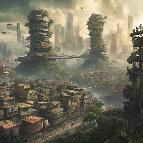 an eerie depiction of Brazil centuries from now, circa 2500, featuring an urban jungle of colossal structures, airborne automobiles, and ever-present shantytowns, in a sci-fi inspired setting