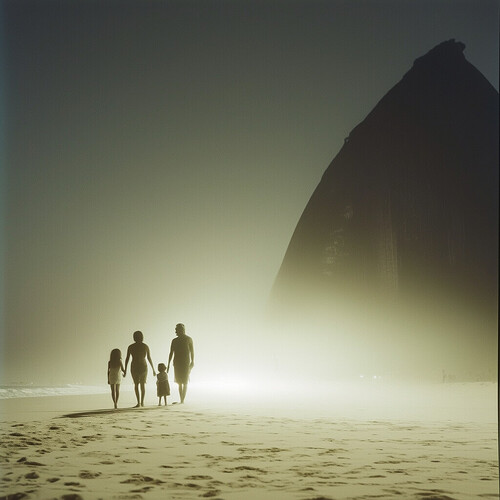 an obscured, mysterious depiction of a silhouetted family on the sands of Praia de Ipanema after dark, illuminated by faint, avant-garde lighting and rendered in muted, contemporary tones for a visionary ambiance