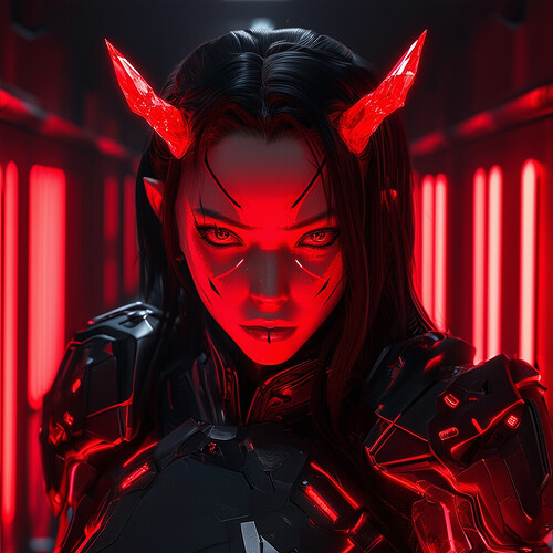 Cinematic scene of Nezuko with red crystal horns and markings on her face, wearing a high-tech armored outfit glowing red, casting shadows on the black walls of a futuristic corridor lined with red lights creating an ominous atmosphere around her