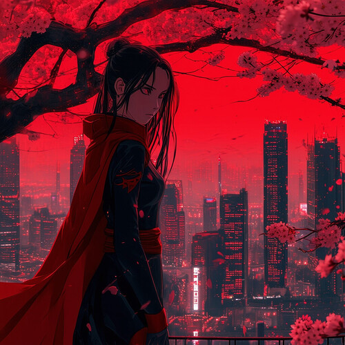 Portrait of Nezuko with cherry blossoms swirling around her, dressed in black with a red cloak, standing powerfully on a platform overlooking a futuristic city at night with red and black skyscrapers emitting a foreboding crimson glow into the sky