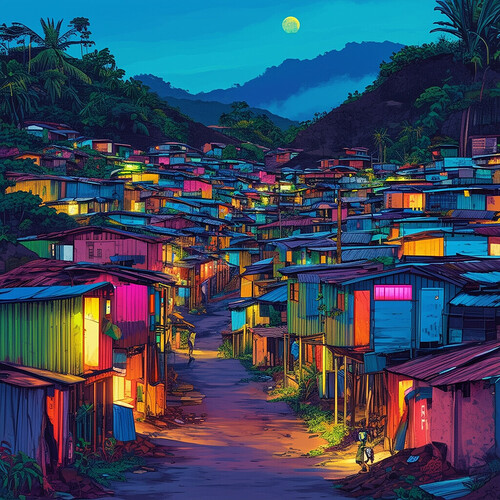 an imaginative illustration of Brazil's shantytowns in the years to come, boasting upgraded structures, progressive conveniences, and bold, dynamic shades accentuated by brilliant illumination