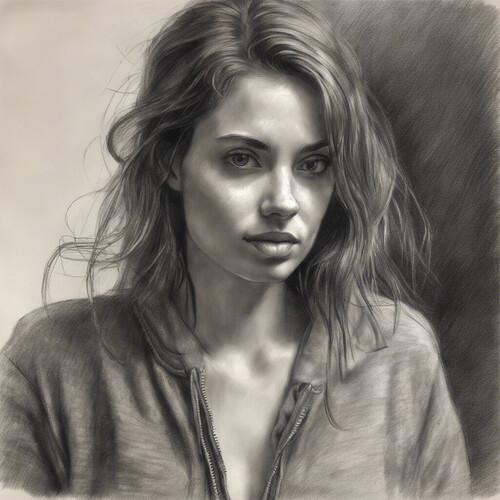 a detailed charcoal sketch of the woman from the given photo, shaded realistically