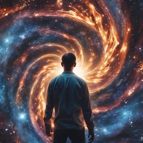 surreal depiction of an individual entering a wormhole portal, immersed in a kaleidoscope of stars, galaxies, and otherworldly fireline effects