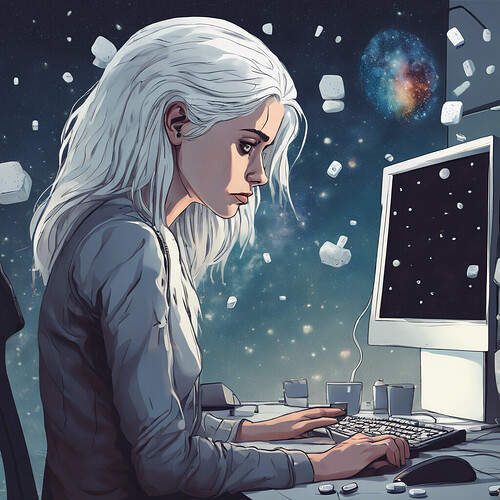 a somber young woman with white hair and empty, lifeless eyes staring blankly at her computer screen, with scattered pills near the monitor, lost in thought about the vast emptiness of the universe