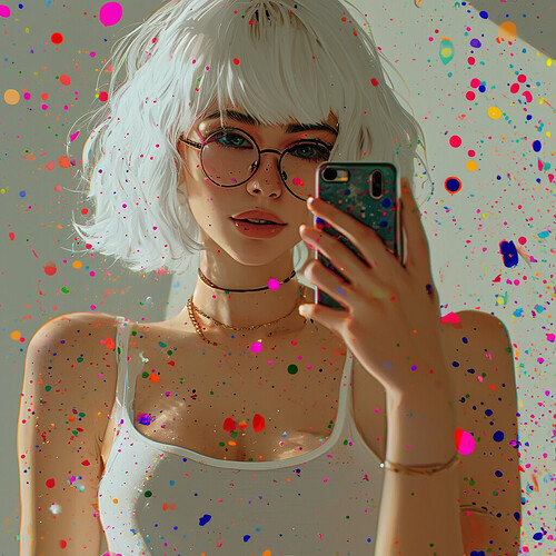 A casual portrait of a bespectacled young woman with white hair, wearing a cropped top that exposes her midriff as she takes mirror selfies with her phone, with random colorful dots splattered across the minimalist scene