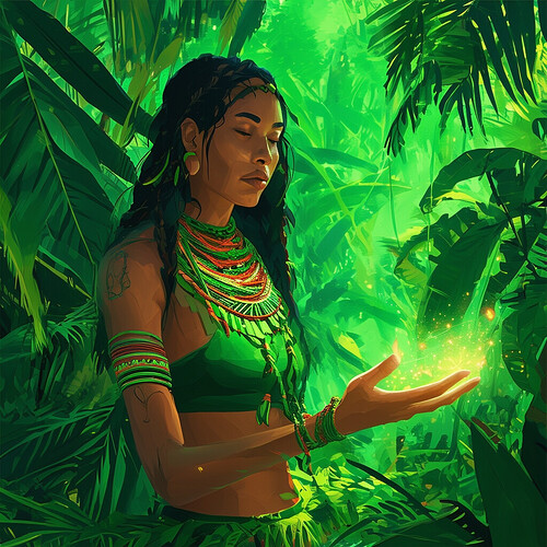 A female Amazonian shaman casts an incantation, her minimalist green attire and the verdant jungle foliage around her imbued with a supernatural luminescence, the scene depicted with a forward-thinking aesthetic