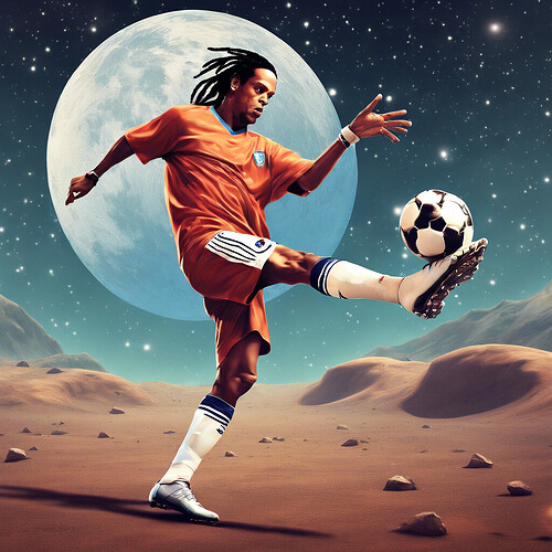 Ronaldinho, hairless, kicking a soccer ball high above the lunar landscape with Earth in the background