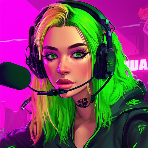 an energetic depiction of Duda Games immersed in a GTA RP session, her blonde and green locks framing her face, accentuated by bold eyeliner, while broadcasting from her vibrant gaming setup