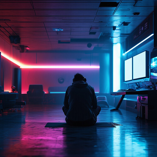 A despondent gamer sits alone in a dimly lit, minimalist futuristic room, longing to play but lacking any gaming equipment, surrounded by sleek, cutting-edge technology