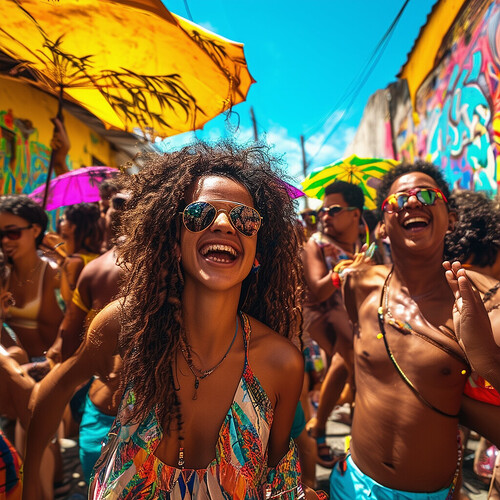 A vibrant baile funk party in a Brazilian favela, with many festive revelers sporting Oakley sunglasses and umbrellas, dancing enthusiastically amidst the colorfully painted houses and graffiti art, loud funk music playing as smiling youth celebrate intensely under the hot sun