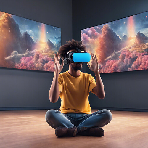 a person immersed in a virtual reality using Quest 2, finding more happiness and fulfillment in the digital world than in their gloomy real life