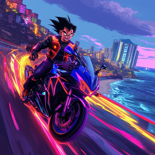 Anime version of Goku grinning confidently in Brazilian biker leather jacket, neon stripes glowing as he races his slick Yamaha XJ6 sportbike past vibrant favelas and beneath towering high-rises along scenic seaside routes, leaving a trail of exhaust smoke