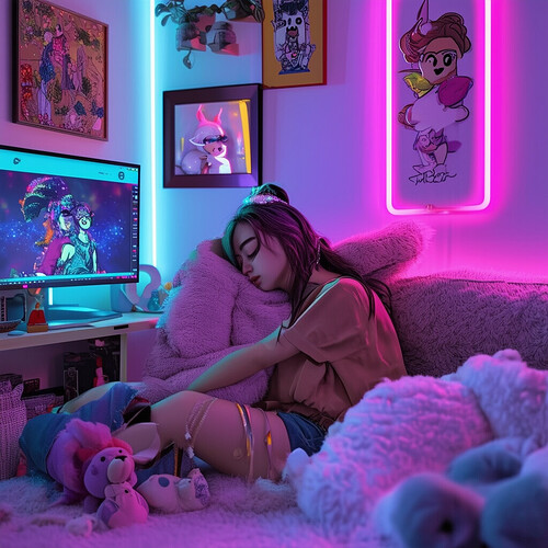 an impromptu live transmission on Twitch showcasing a snoozing streamer within her trendy, current living space, embellished with mounted illustrations, plush toys, and luminous neon highlights, captured from the vantage point of her digital eye