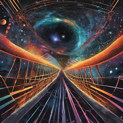 a captivating illustration of the bridge between different dimensions, incorporating stunning galaxies, enigmatic black holes, and reality-warping wormholes, portrayed using striking, up-to-date colors