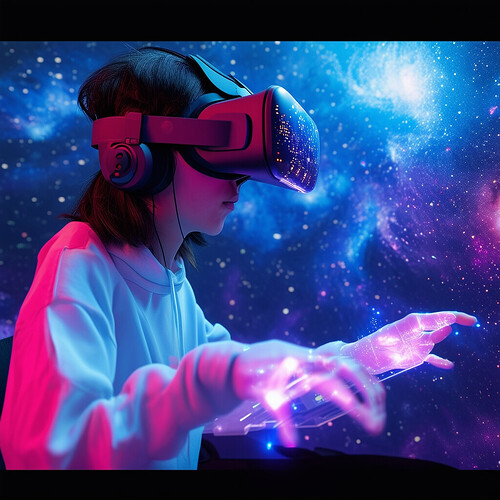 A gamer entertainer wearing a VR headset, appearing to drift amongst the stars as their avatar's hands manipulate holographic controls, broadcasting their exploration of a simulated universe