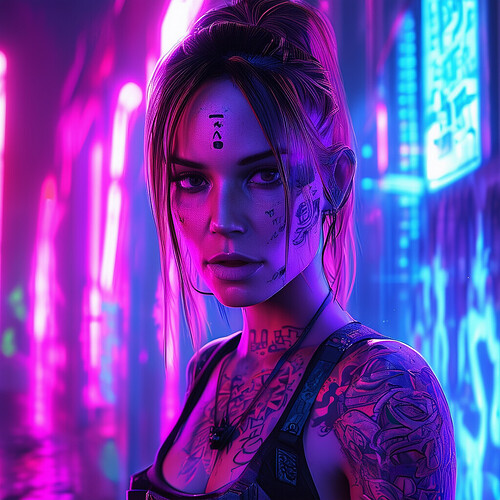 the iconic adventurer Lara Croft reimagined as a rebellious, tattooed heroine in a neon-drenched, cyberpunk world, featuring mesmerizing holographic designs