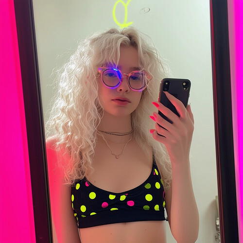 Pensive scene of a silver-locked girl gazing at her reflection through red-framed lenses, dressed in a figure-hugging top that exposes her navel. Luminous blobs of fuchsia, turquoise and gold sporadically adorn the muted backdrop as she snaps a pic.